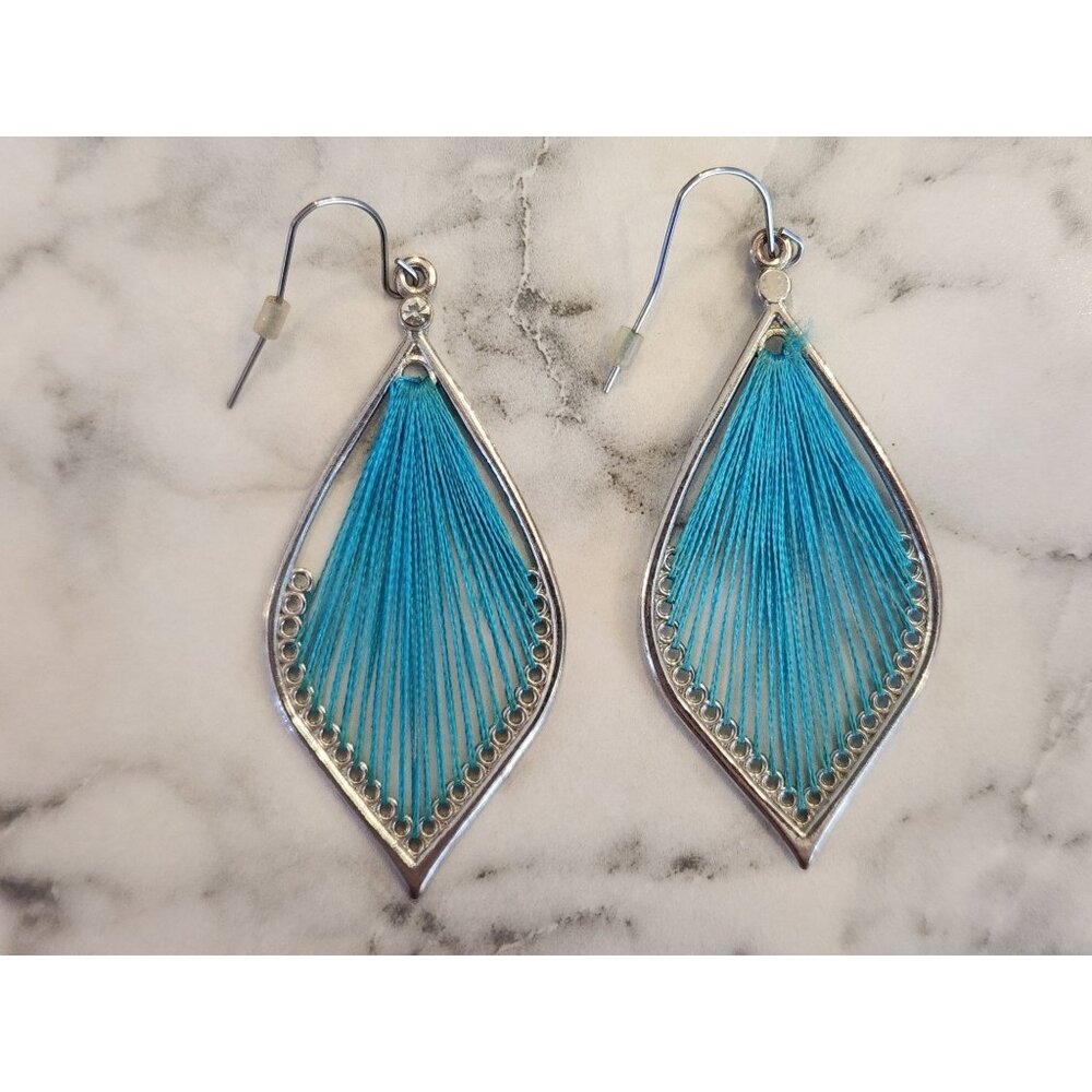 Silver & Blue Teardrop Thread Dangle Earrings Boho Chic Jewelry